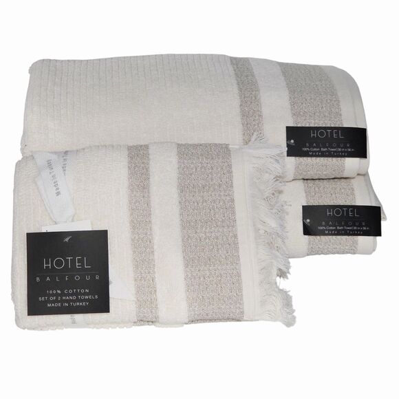 Hotel Balfour 4pc Cream And Taupe Turkish Cotton Towel Set 2 Bath 2 Hand - Picture 1 of 15